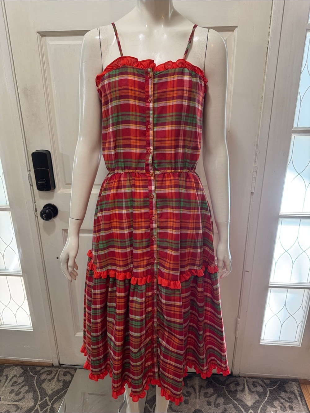 Howard Wolf Vintage Cotton Red Plaid Tiered Spaghetti-Strap Dress